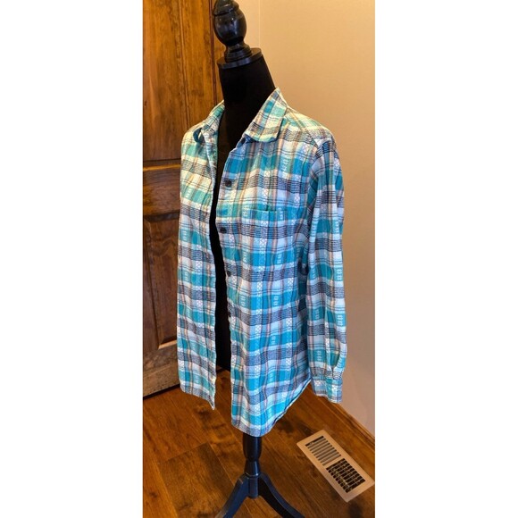 Fashion Bug Button Down Blouse Size 14 16 Turquoise Plaid Stripes 100% Cotton - Picture 3 of 9